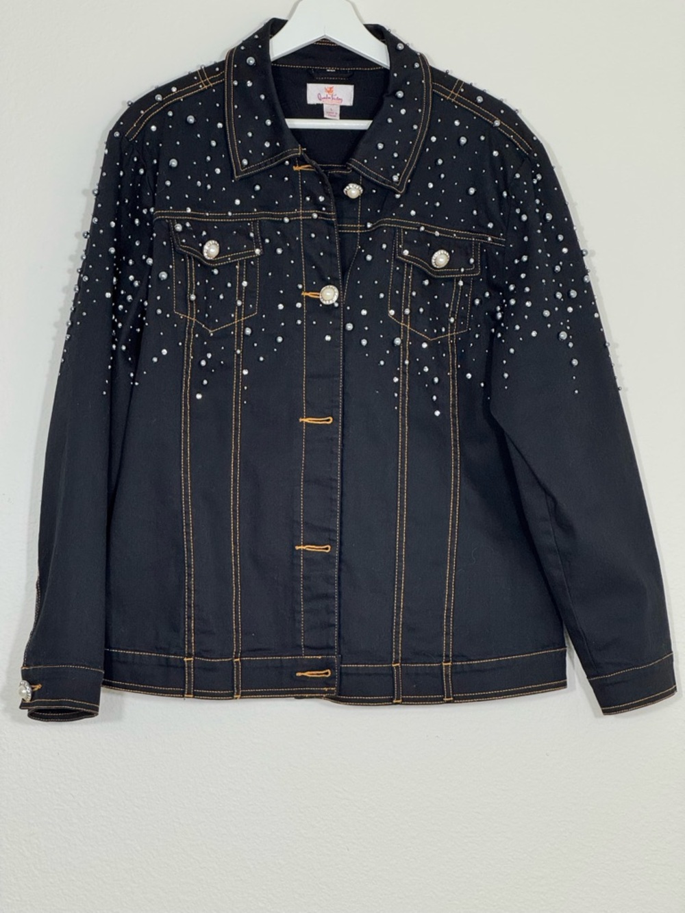 Quacker Factory Black Studded Pearl Denim Jacket Stretch Size L